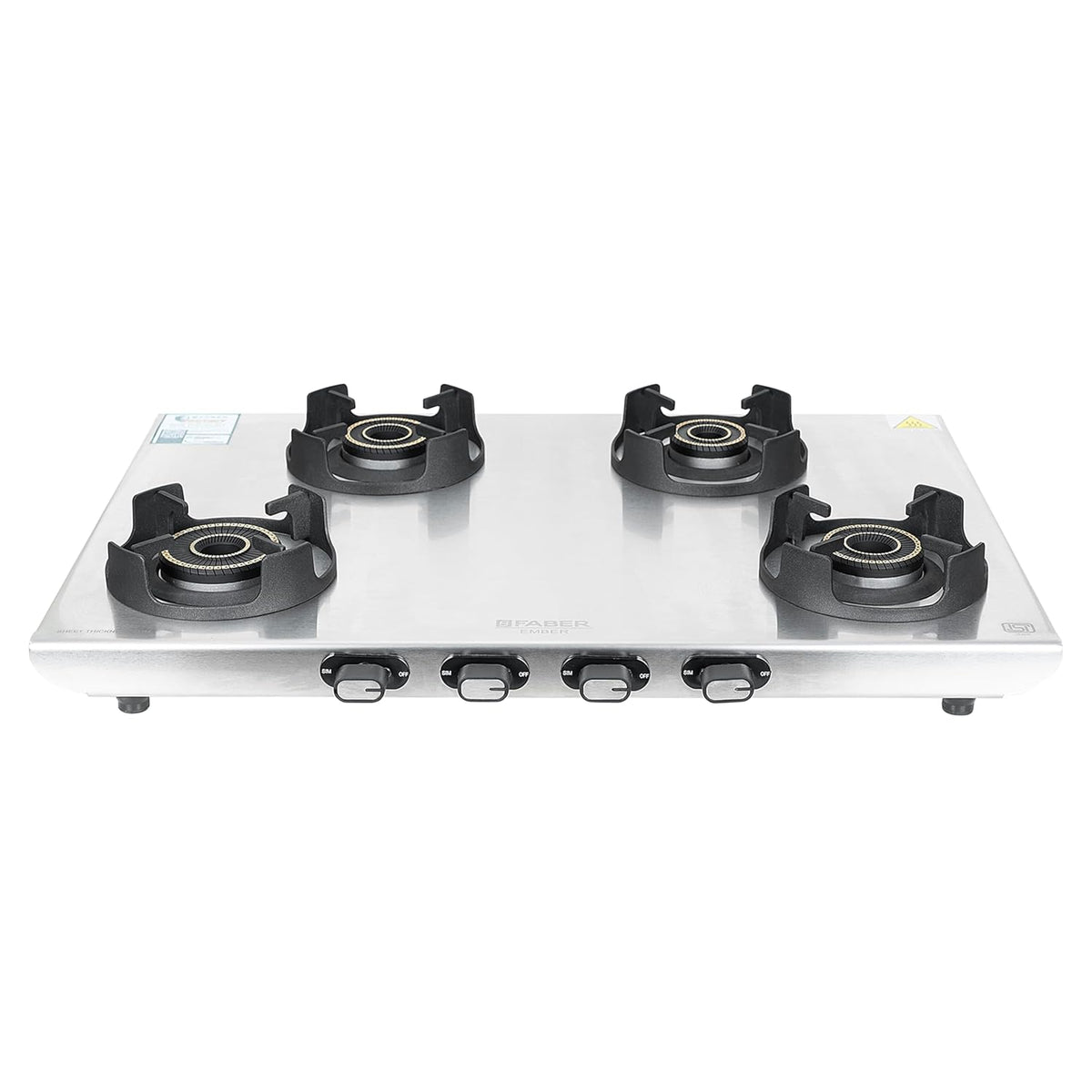 Faber Ember Stainless Steel Cooktop | 4 Brass Burners (Jumbo, 2Medium & Small |Manual Ignition | Diamond-Coated Pan Supp
