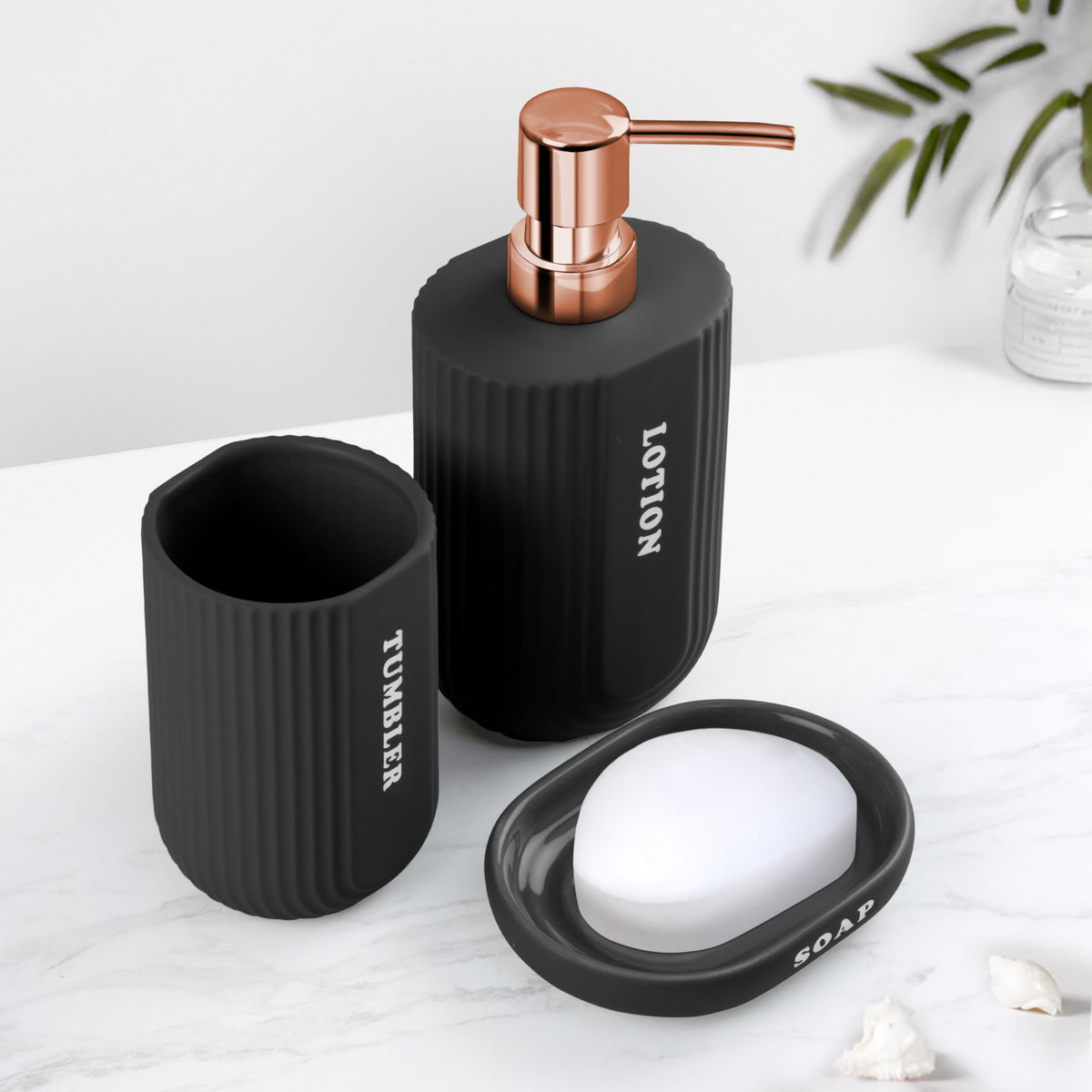 Plantex Ceramic Bathroom Set - Soap Holder for Bathroom/Liquid Soap Dispenser/Tumbler Holder/Toothbrush Holder - 3 Pcs Set (Model APS-NZBA-421)-1