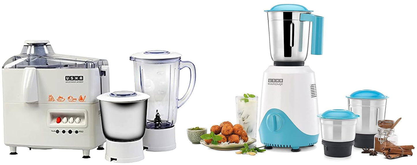 USHA RapidMix 500-Watt Copper Motor Mixer Grinder with 3 Jars (Sea Green/White) & 3345 450-Watt Juicer Mixer Grinder with 2 Jars (White)