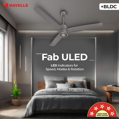Havells FAB BLDC ULED Ceiling Fan 1200mm, 5 star, LED Speed Indicator, 380 RPM, Up to 65% Savings,Reverse Rotation,4 Speed Modes,Low Wattage 30W, Low Noise,Air Flow:225 CMM, 3 Year Warranty,Stone Grey