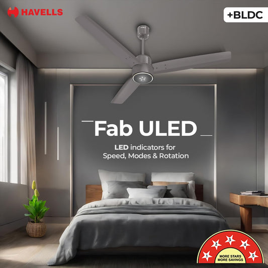 Havells FAB BLDC ULED Ceiling Fan 1200mm, 5 star, LED Speed Indicator, 380 RPM, Up to 65% Savings,Reverse Rotation,4 Speed Modes,Low Wattage 30W, Low Noise,Air Flow:225 CMM, 3 Year Warranty,Stone Grey