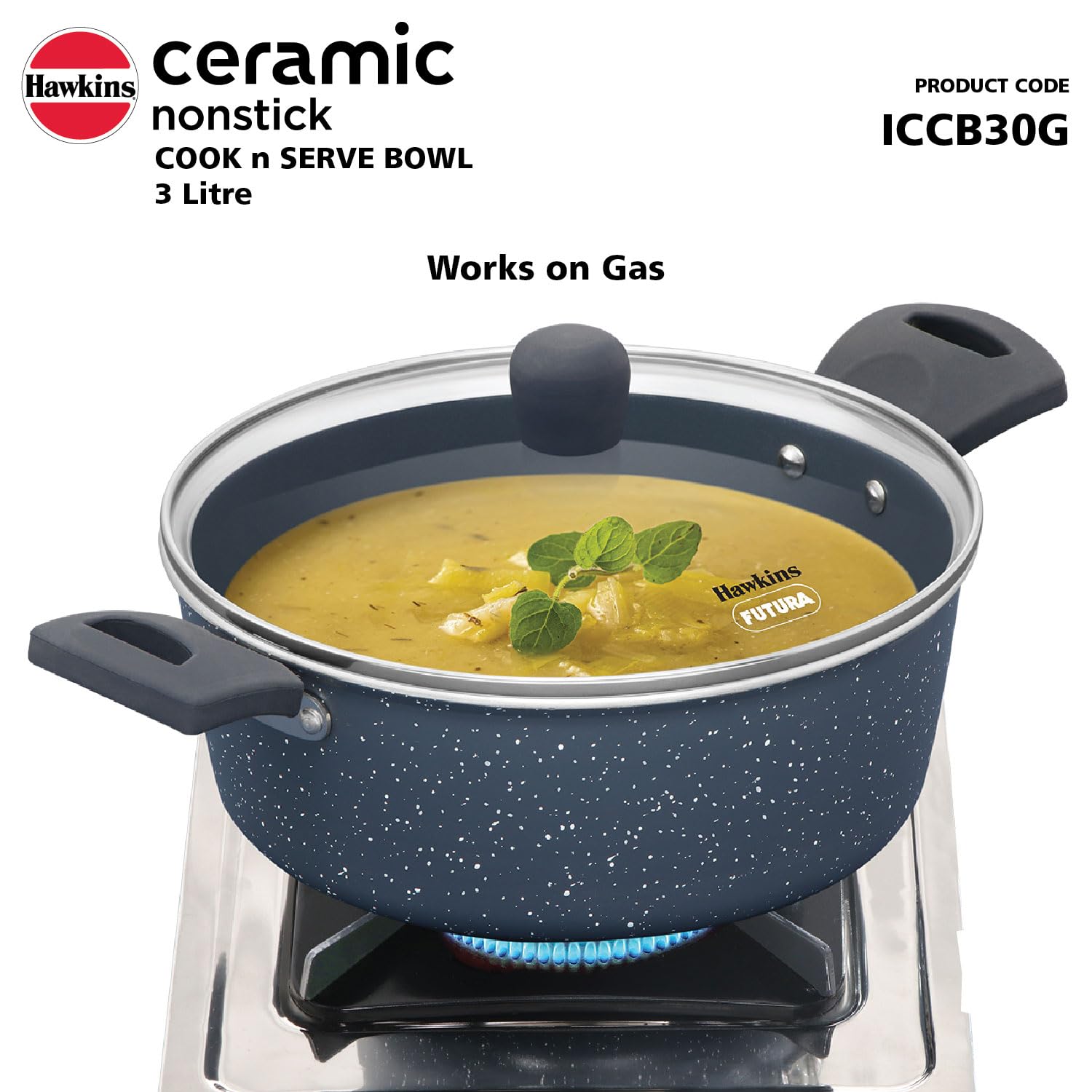 Hawkins Ceramic Nonstick Cook n Serve Bowl with Glass Lid, 3 Litre, Induction Pot, Granite Casserole (ICCB30G)