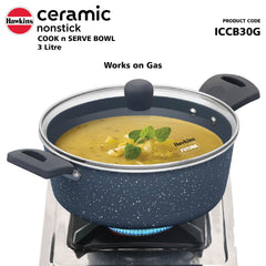 Hawkins Ceramic Nonstick Cook n Serve Bowl with Glass Lid, 3 Litre, Induction Pot, Granite Casserole (ICCB30G)