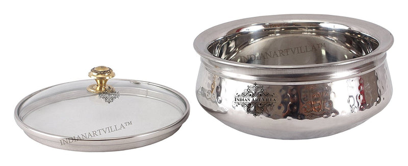 Pure Steel Hammered Design Handi with Glass Lid|1000 ML
