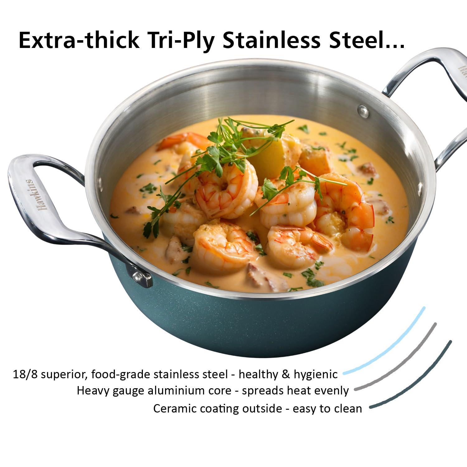Hawkins Olive Pro 3 Litre Cook n Serve Bowl, Triply Stainless Steel Pan with Stainless Steel Handles and Glass Lid, Green (POSC30G)