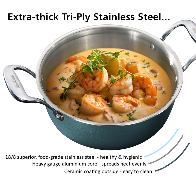 Hawkins Olive Pro 3 Litre Cook n Serve Bowl, Triply Stainless Steel Pan with Stainless Steel Handles and Glass Lid, Green (POSC30G)