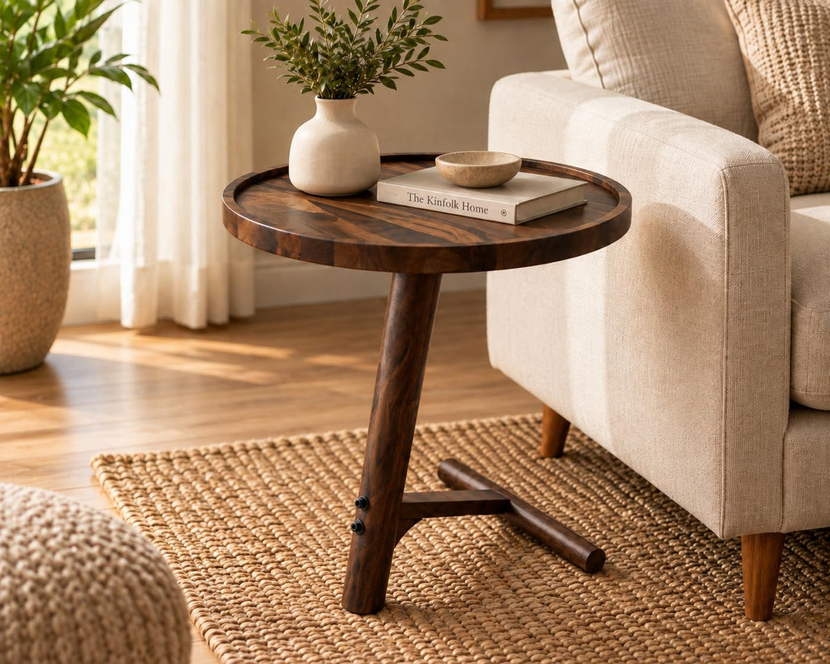 Solid Sheesham Wood C Shape Side Table for Living Room | Modern Sofa End Table | Wooden Laptop Table for Bed | 