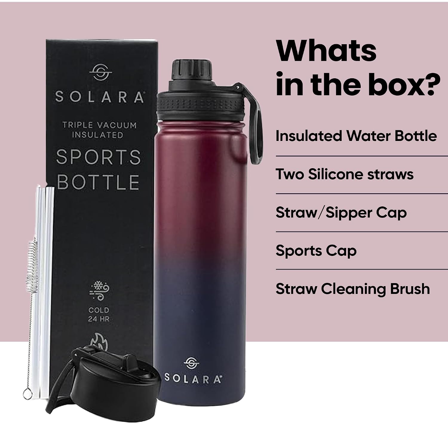 SOLARA Insulated Water Bottle 650ml, Hot Water Bottle, Thermosteel Water Bottles for Travel, Home, Office, School, Gym, Adults, Water Bottle Hot and Cold, Sipper Bottle, Dark Intentions