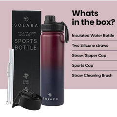 SOLARA Insulated Water Bottle 650ml, Hot Water Bottle, Thermosteel Water Bottles for Travel, Home, Office, School, Gym, Adults, Water Bottle Hot and Cold, Sipper Bottle, Dark Intentions