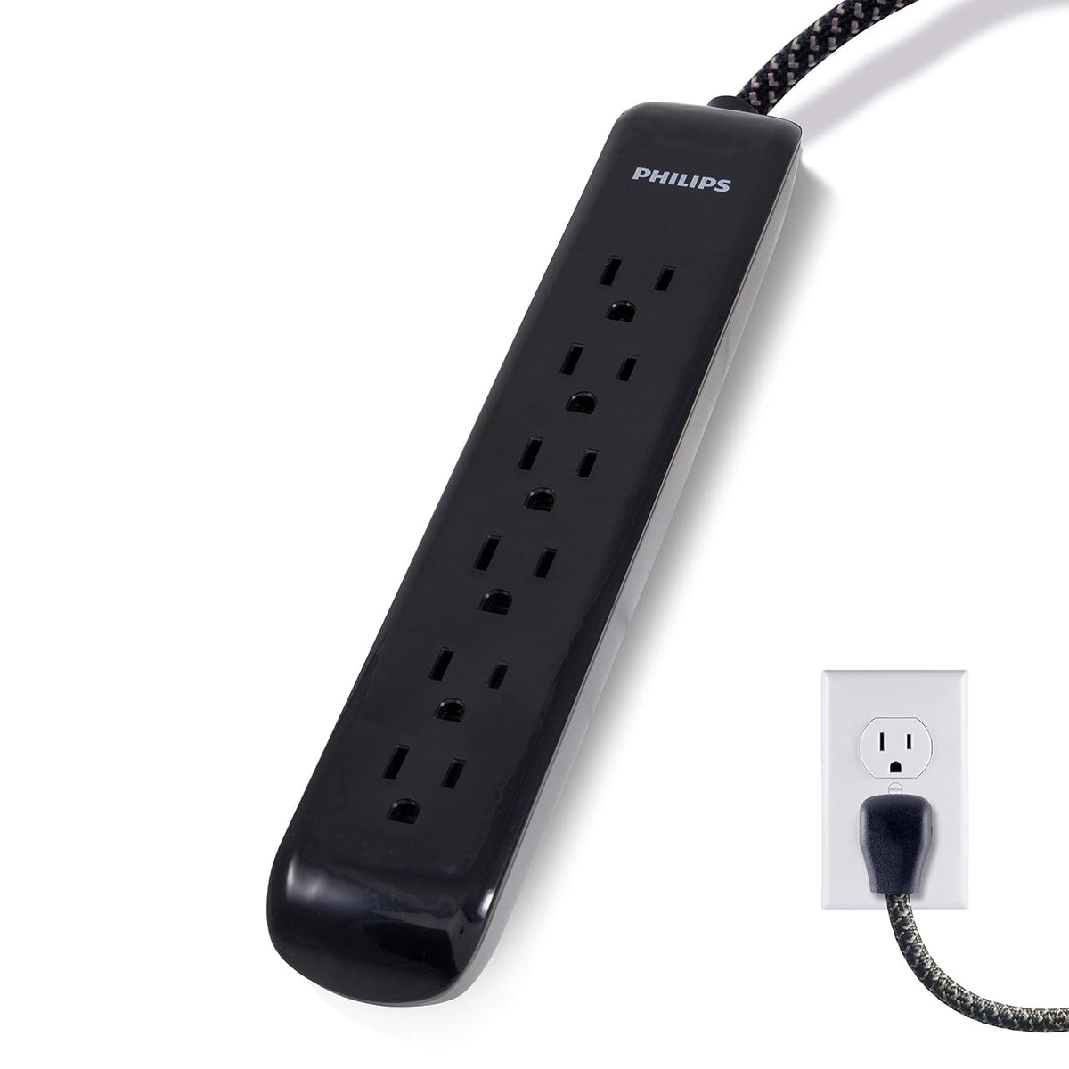 Philips SPC3064BD/37 6-Outlet Power Strip, Designer Braided Power Cord, Flat Plug Extension Cord