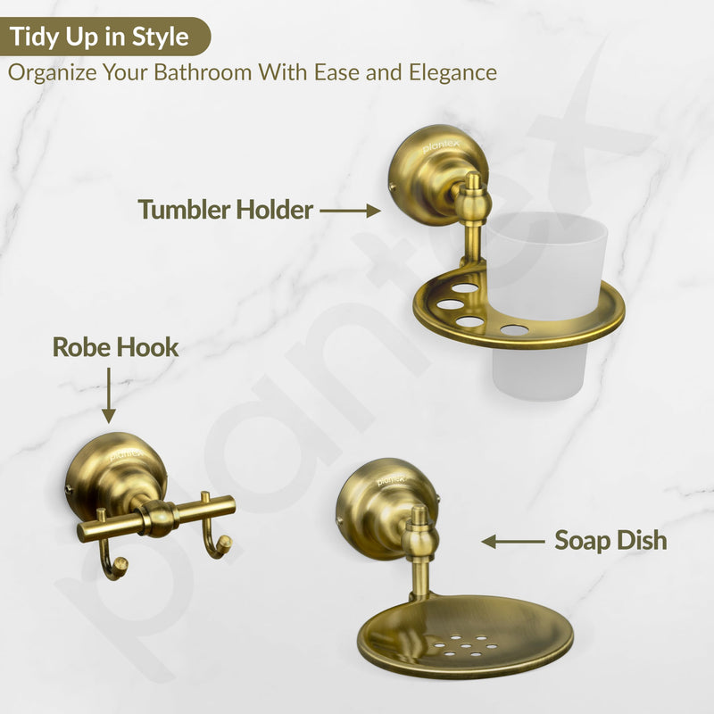Plantex 304 Grade Stainless Steel Bathroom Accessories Set of 5 - Towel Rod/Hand Napkin Hanger for WashBasin/Soap Case/Toothbrush Holder/Robe Hook - Skyllo (Brass Antique)-4