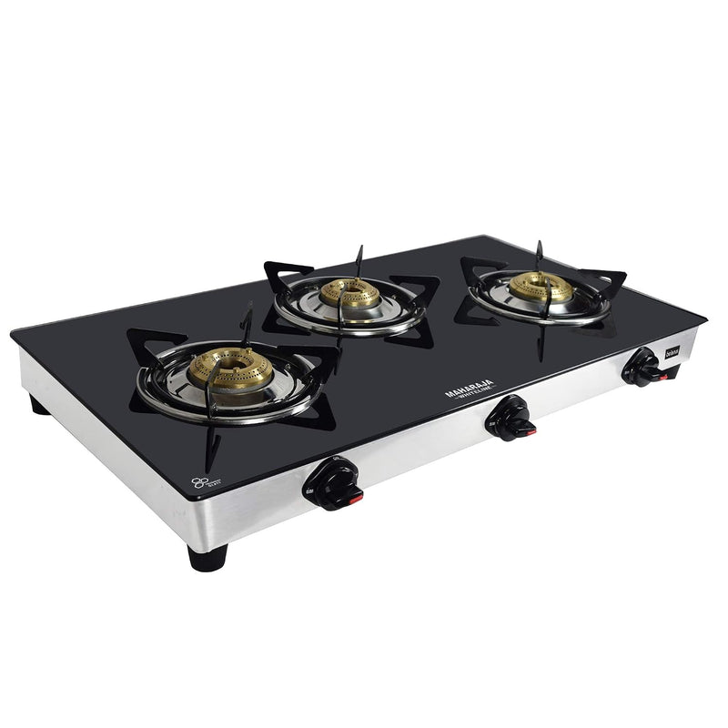 Maharaja Whiteline Belenus Toughened Glas 3 Burner Open Gas Stove, Black