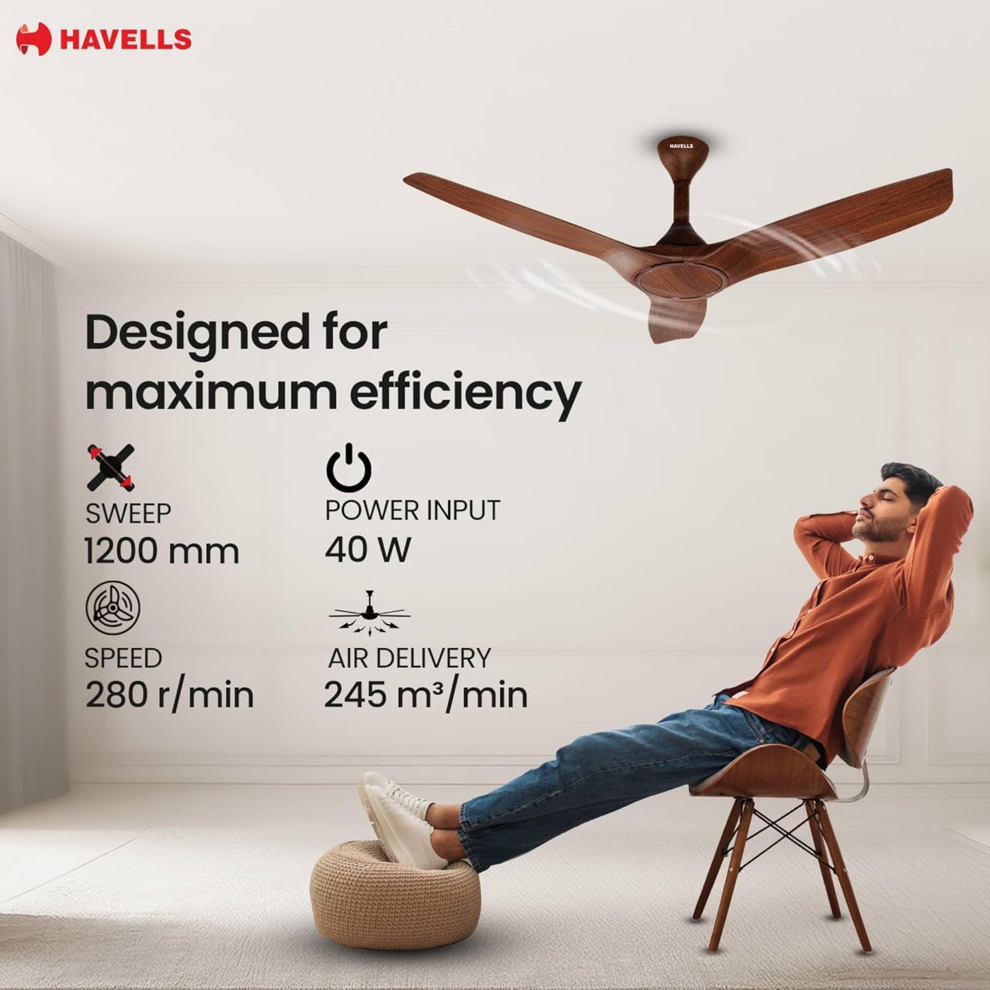 Havells Stealth Air BLDC Wood 1200mm Premium Ceiling Fan with 100% Pure Copper|5 Star Rating|Remote Controlled |Watt: 40|Air Flow: 245 cmm|Speed: 280 RPM|Free Installation |2 Year Warranty (Walnut)