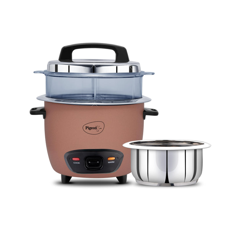 Pigeon Inox Pro Rice Cooker with Steamer, 1.8 litres | Stainless Steel Lid | 700 Watts | 1 Steel Cooking Pot | Measuring Cup | Spatula | Energy Efficient Cooking (Yellow)