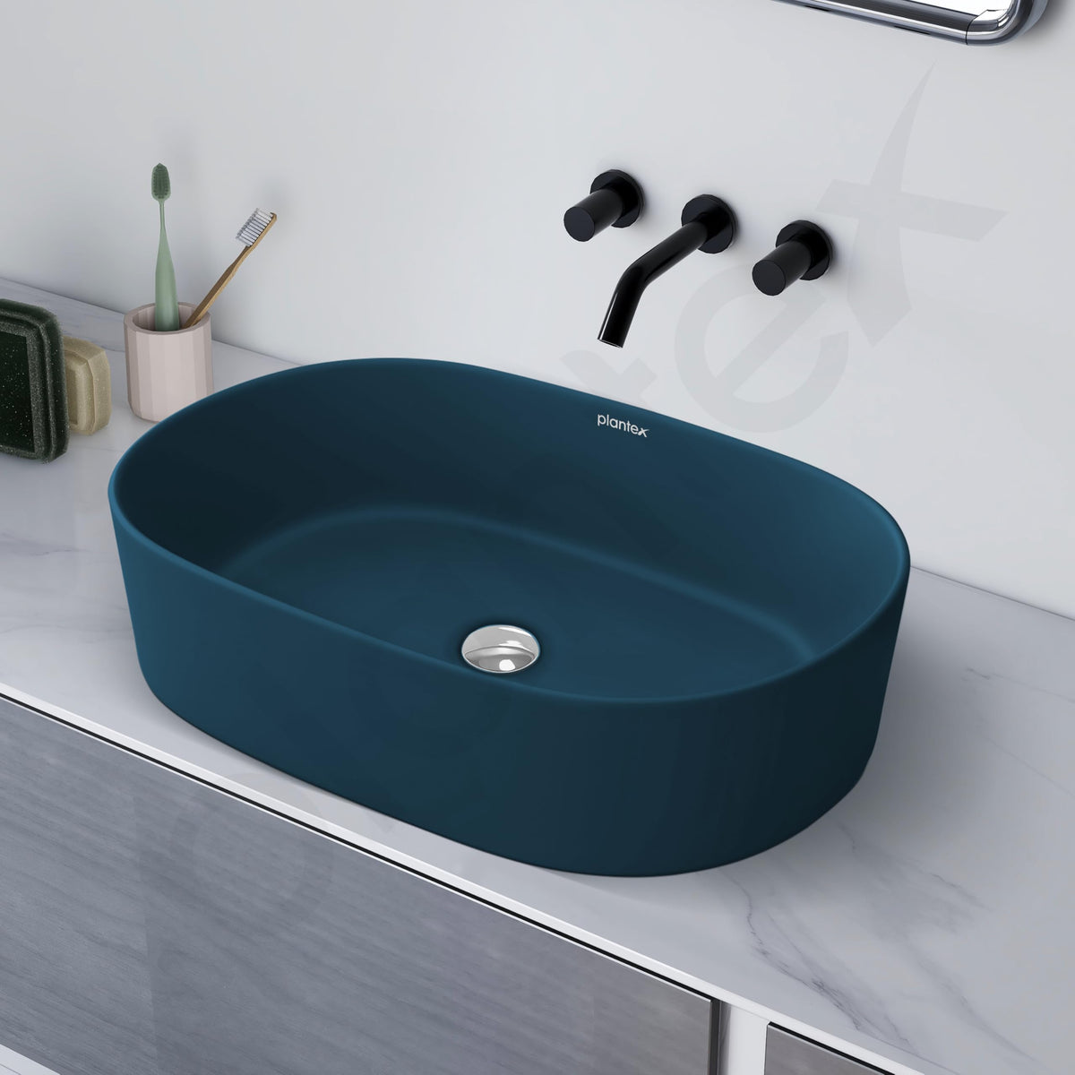 Plantex Ceramic Wash Basin for Bathroom/Oval Counter Top Basin/Tabletop Wash Basin for Home/Office(Pine Blue - 22x14x6 inch)-6