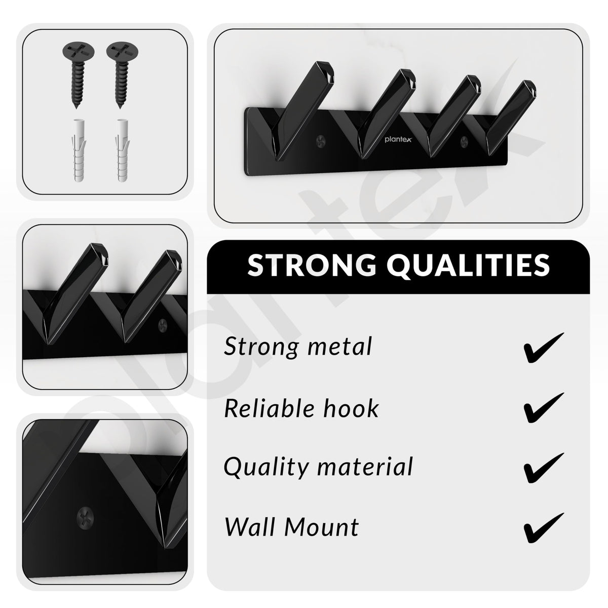 Plantex Wall Hooks for Hanging Cloth/Stainless Steel Towel Hangers/Bathroom Robe Hooks/Door Hangers/Square Wall Hook/Hook Rail for Hanging Keys - 4 Hooks (Pack of 3, PVD Black)-6