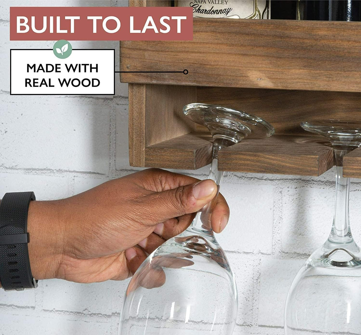 Rustic Wooden Wall Mounted Wine Rack - Wine Bottles & 4 Stemware Glass Holder for Home Bar Cabinet, Kitchen, Fa