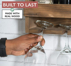 Rustic Wooden Wall Mounted Wine Rack - Wine Bottles & 4 Stemware Glass Holder for Home Bar Cabinet, Kitchen, Fa