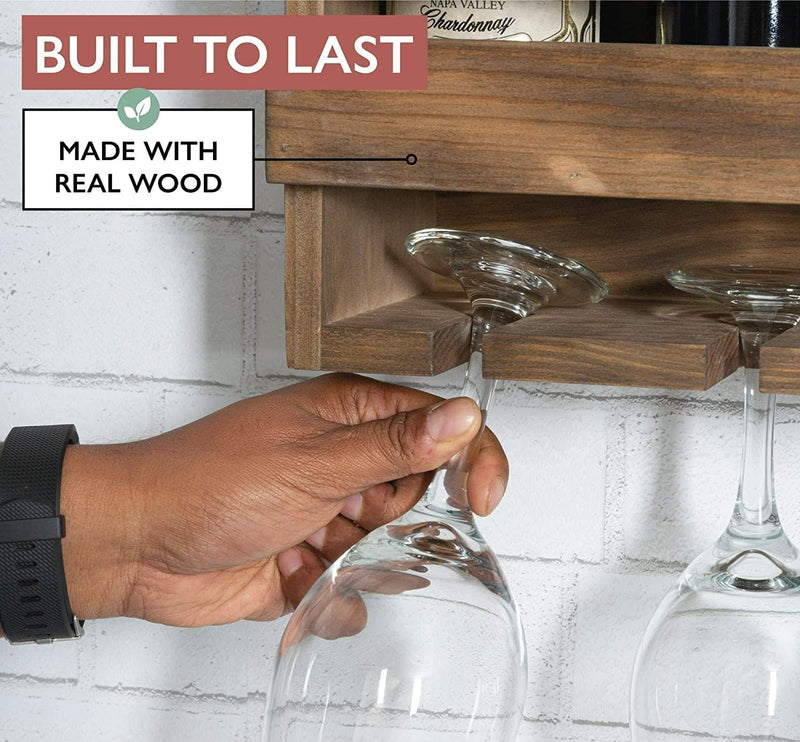 Rustic Wooden Wall Mounted Wine Rack - Wine Bottles & 4 Stemware Glass Holder for Home Bar Cabinet, Kitchen, Fa