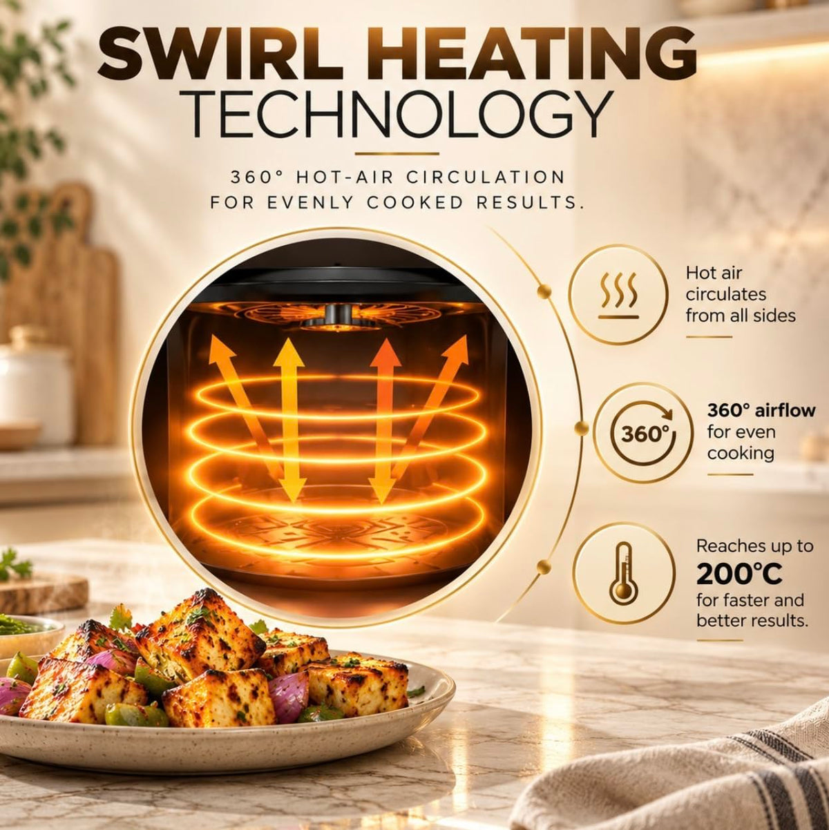 Faber 4L 1500W Digital Air Fryer | Fry, Bake, Roast | 85% Less Oil, 200°C Swirl Heating Technology |8-Preset Menu | Touc