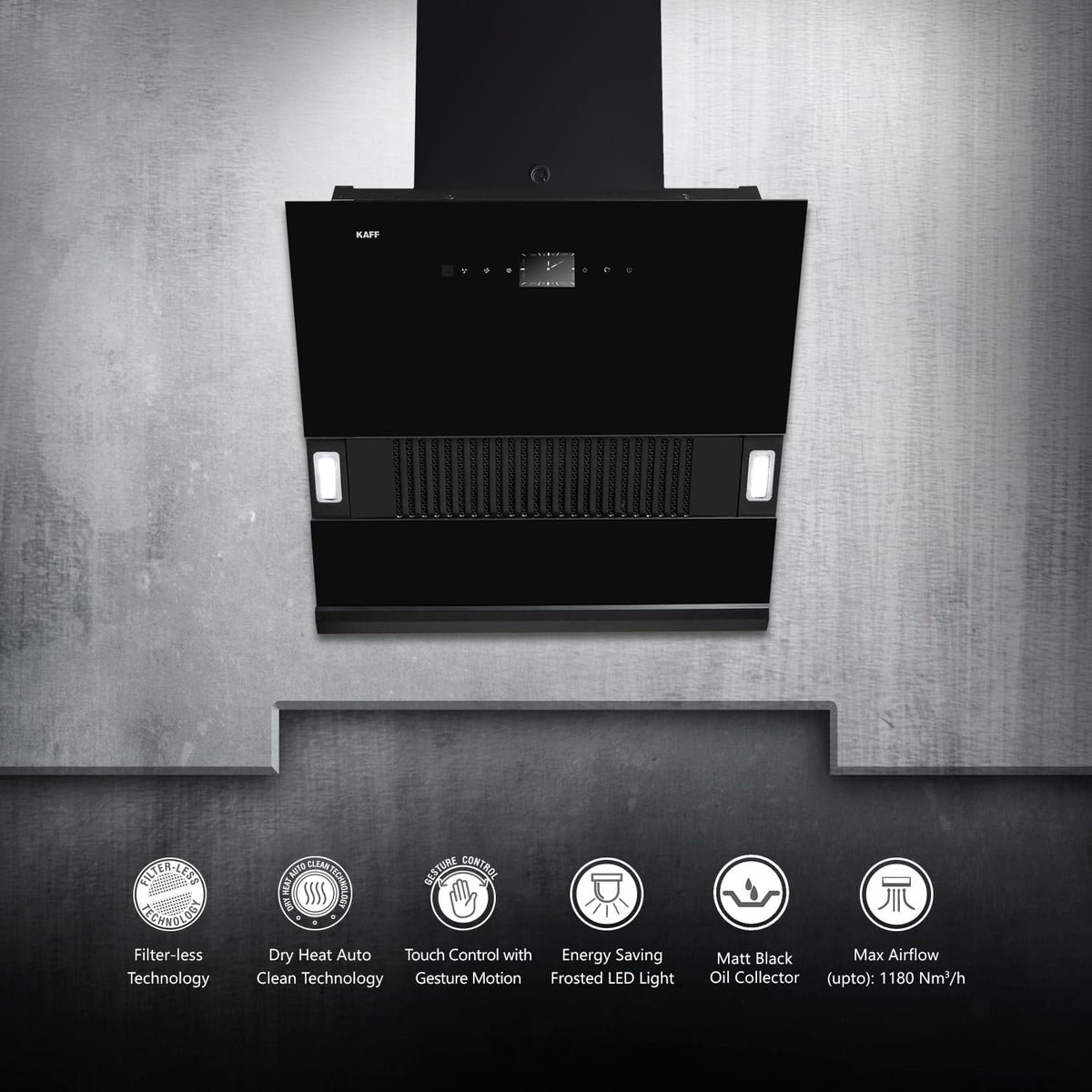 Kaff HAWK DHC 60 Filter-less Auto Clean Slant Kitchen Chimney, Black