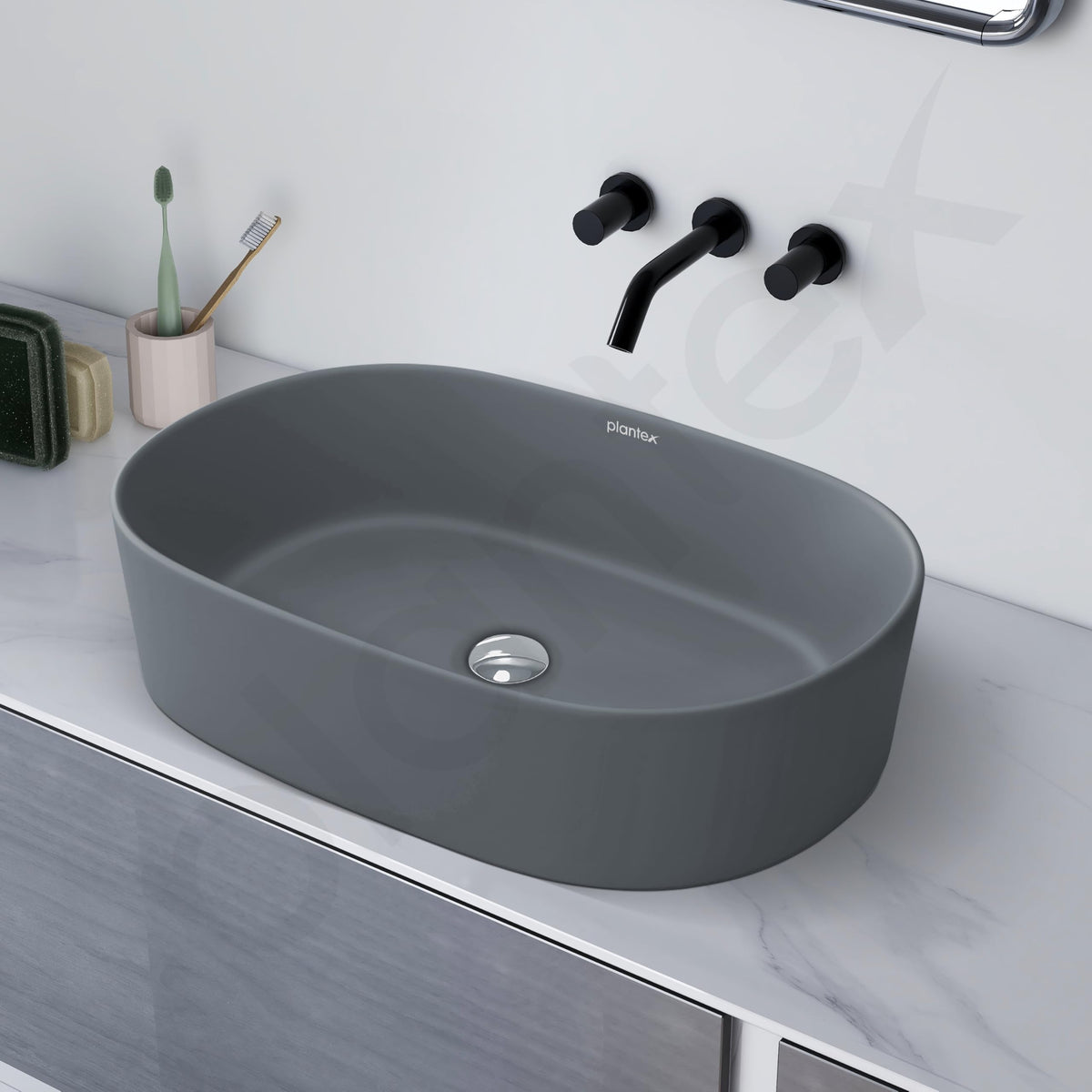 Plantex Ceramic Wash Basin for Bathroom/Oval Table Top Basin/Countertop Vessel Sink for Home/Hotel (22 x 14 x 6 inch - Cloud Grey)-6