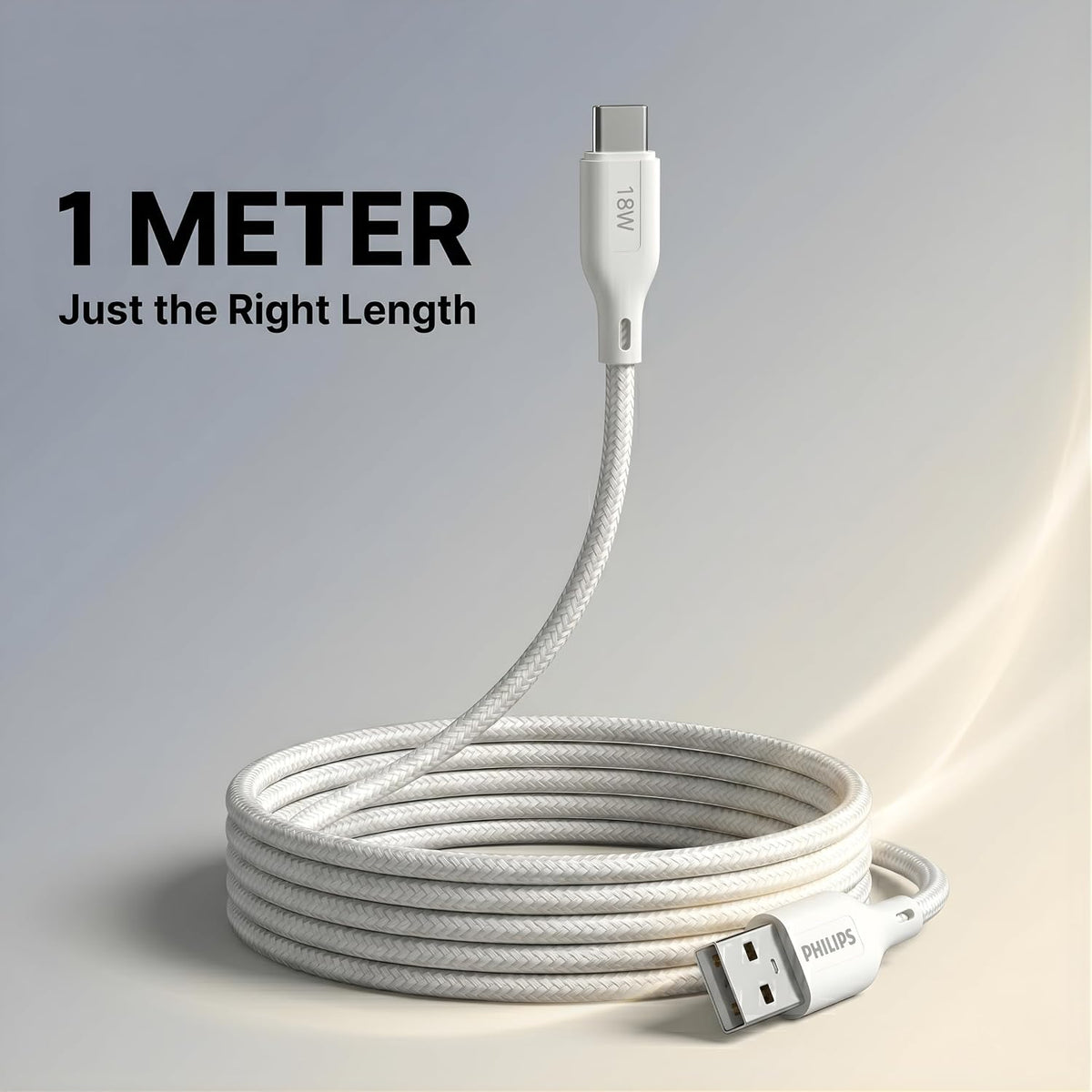 Philips DLC4130AW/94 18W Type-A to Type-C Fast Charging Cable (1m, Bright White)