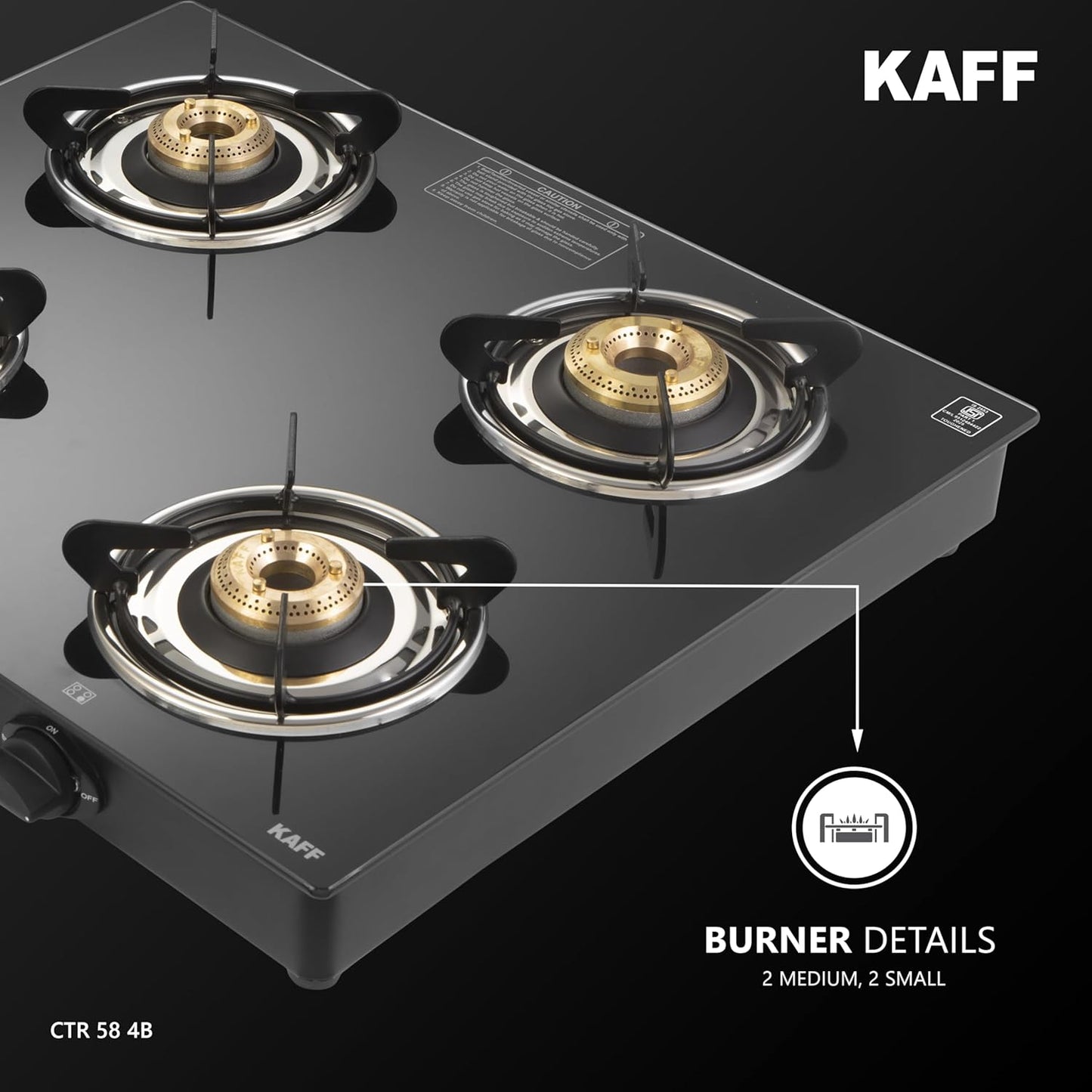 KAFF Cooktop | 4 Burners with Slim Line Design 58 CM | High Efficiency Brass Burners, Black Tempered Glass | Matt Enamelled Pan Support | Black | CTR58-4B