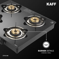 KAFF Cooktop | 4 Burners with Slim Line Design 58 CM | High Efficiency Brass Burners, Black Tempered Glass | Matt Enamelled Pan Support | Black | CTR58-4B