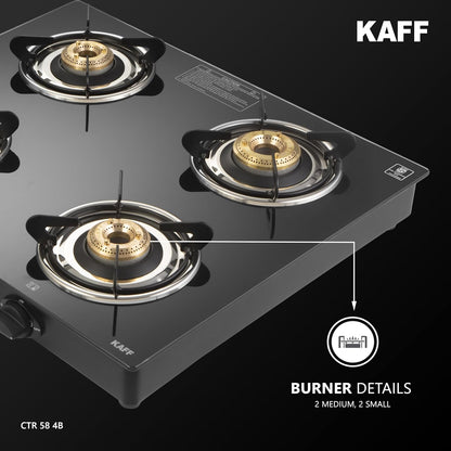 KAFF Cooktop | 4 Burners with Slim Line Design 58 CM | High Efficiency Brass Burners, Black Tempered Glass | Matt Enamelled Pan Support | Black | CTR58-4B