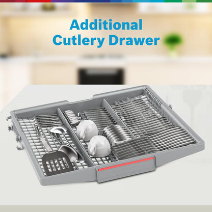 Bosch 14 Place Setting Dishwasher with Intensive Kadhai Program, 70⁰ Hot water wash, 3-Stage Adjustable Upper Rack, No Pre-Rinse (SMS46KI03I, Silver, Glass Protection Technology)