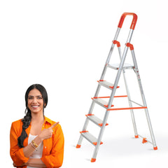PROHOME Aluminium Ladder for Home 5 Steps Foldable with Railing & Anti-Skid Wide Steps | 5 Step Ladder for Home Use, Kitchen & Household | 250 Kg Capacity Folding Ladder | 5 Year Warranty (Orange)