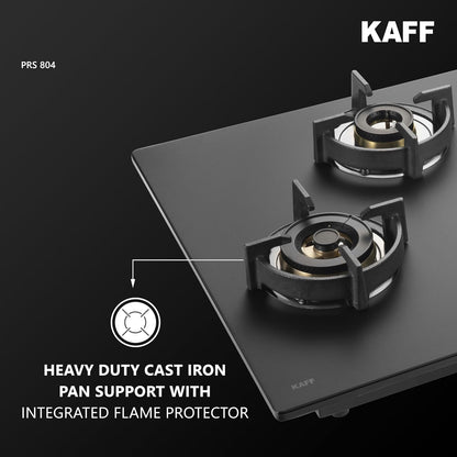 KAFF | PRESTON |80CM 4 Burners Open Built-In Hob & Hobtop With Digital Timer | 8Mm Premium Frosted Black Glass | Powerful Brass Burners With Full Flame Failure Device | Enamelled Matt Finish | PRS804