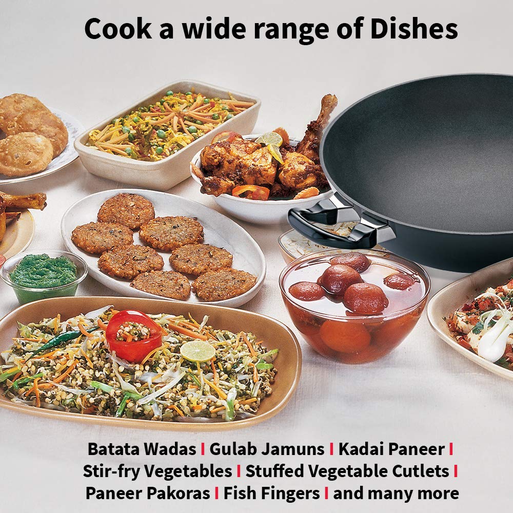Hawkins Futura 4 Litre Deep Fry Pan, Non Stick Kadai, Round Bottom Kadhai, Big Non Stick Kadai, Black (NK40)