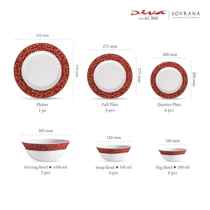 La Opala Diva Sovrana Collection Opal Glass Crockery | for Family of 6 | Dinner Set 27 pcs Anassa Red | Plates & Bowls for Dining | Microwave Safe | 100% Vegetarian | Extra Strong | Light & White