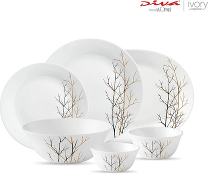 La Opala Diva Ivory Collection Opal Glass Crockery | for Family of 6 | Dinner Set 27 pcs Golden Fall | Plates & Bowls for Dining | Microwave Safe | 100% Vegetarian | Extra Strong | Light & White