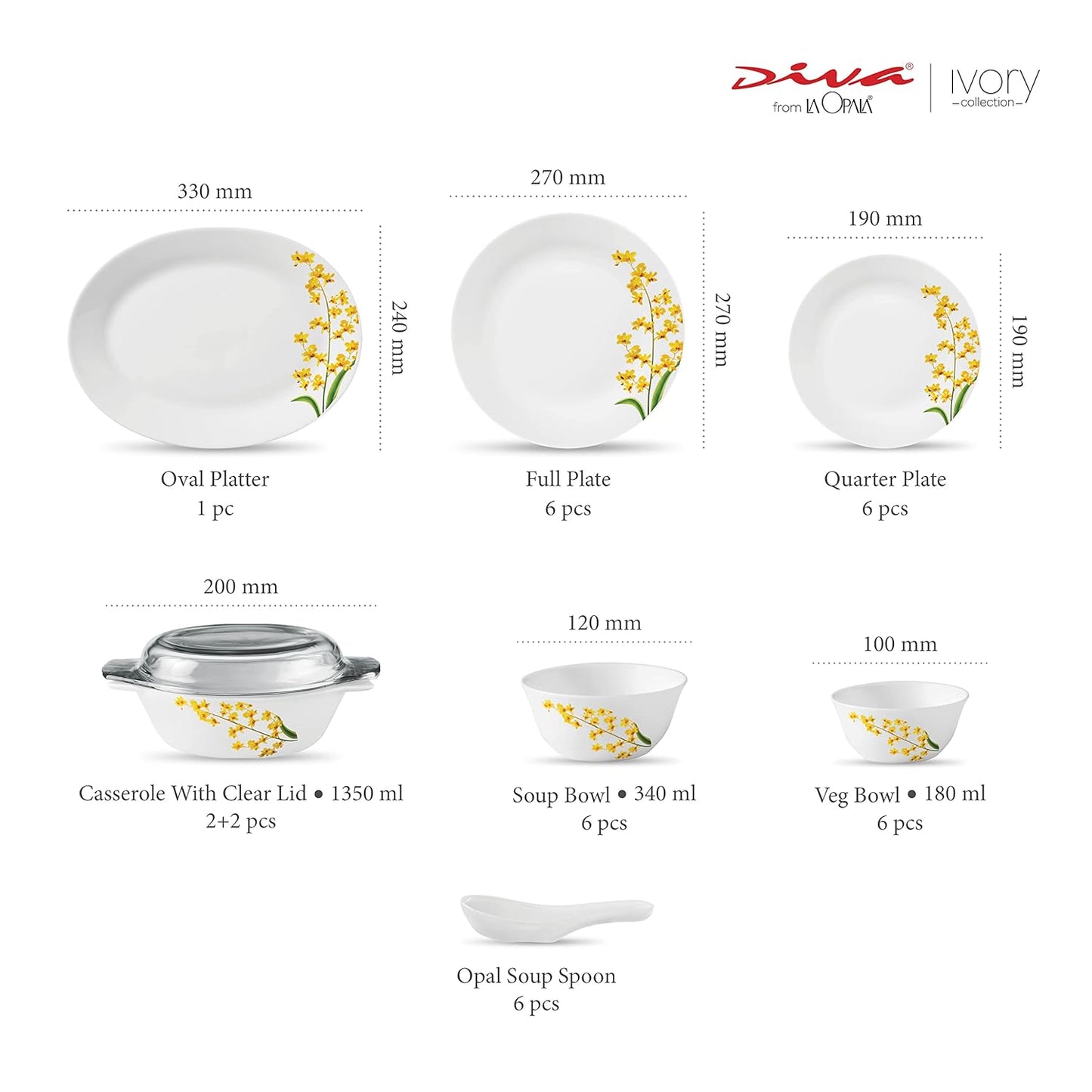 La Opala Diva, Ivory Collection, Opal Glass Dinner Set 35 pcs, Yellow Grace, White