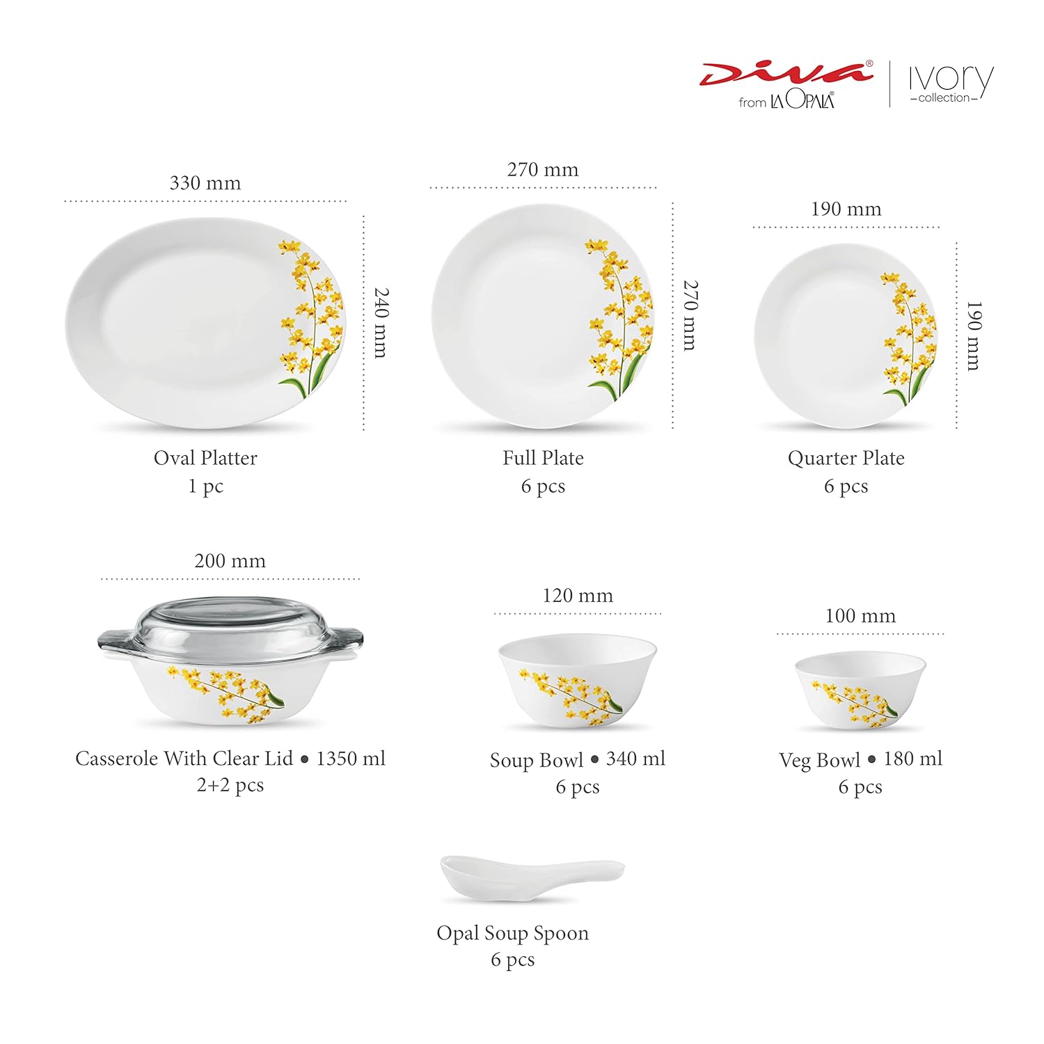 La Opala Diva, Ivory Collection, Opal Glass Dinner Set 35 pcs, Yellow Grace, White