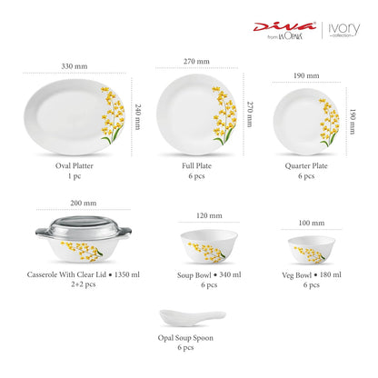 La Opala Diva, Ivory Collection, Opal Glass Dinner Set 35 pcs, Yellow Grace, White
