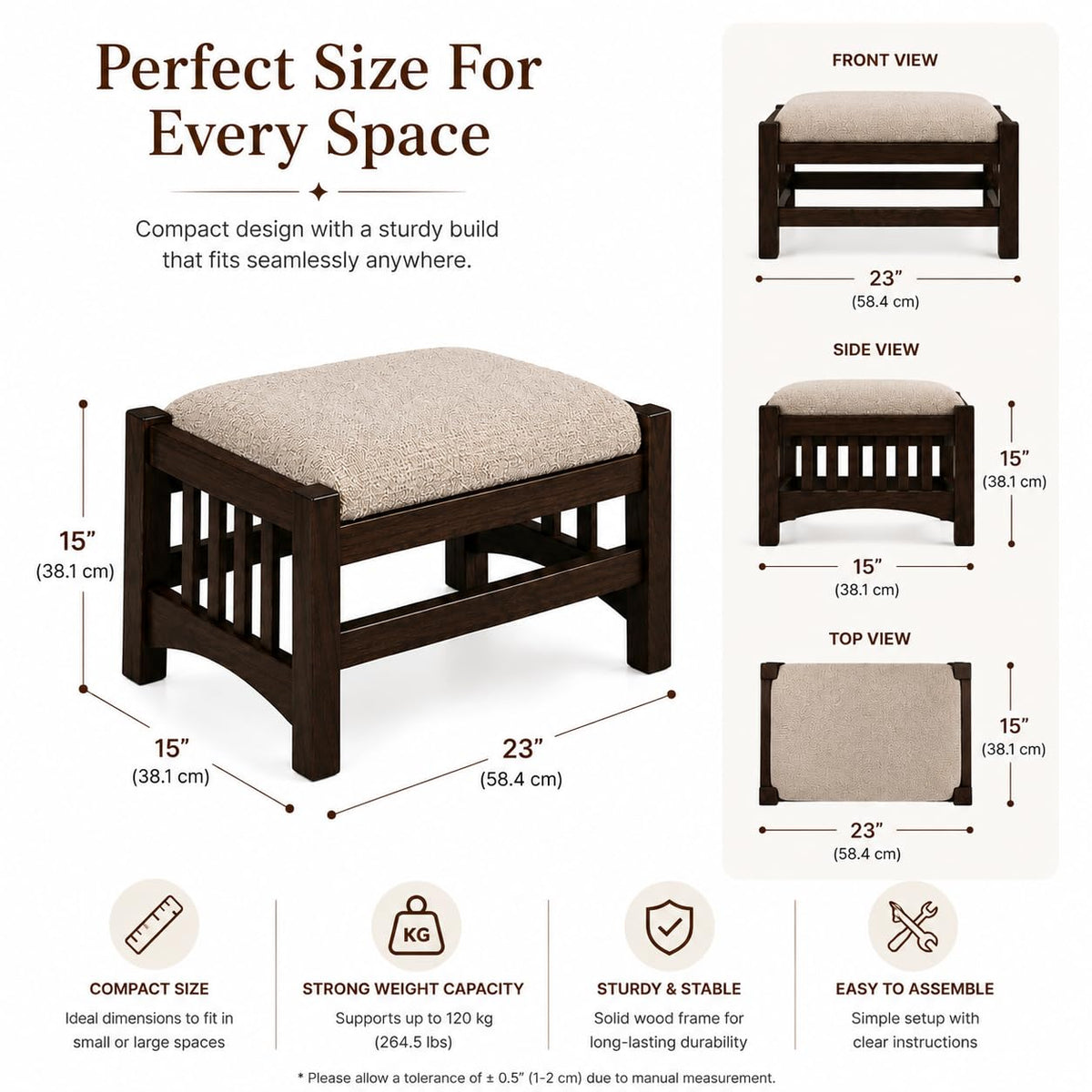 Wooden Ottoman Foot Stool with Upholstered Cushion Seat, Solid Wood Foot Rest Stool for Living Room, Bedroom, L