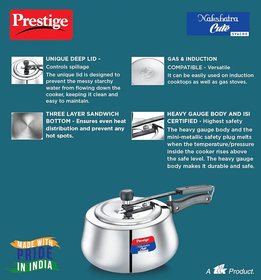 Prestige 3Litre Stainless Steel Nakshatra Cute Svachh Pressure Cooker|Deep Inner lid for spillage control|Induction compatible|3 layers sandwich bottom|Heavy gauge body|5 years warranty|ISI Certified
