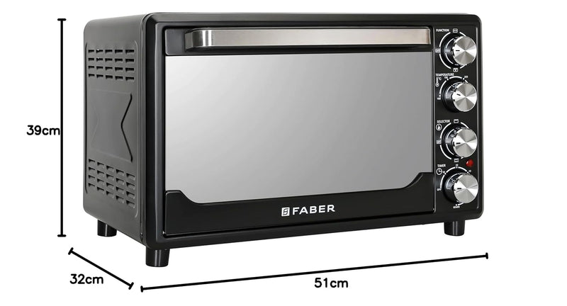 Faber 34L Double Glazed 1600W OTG|Bake, Toast, Roast, Grill|6 Functions, Upper & Lower Heating, Rotisserie, 360° Convection,Crumb Tray, Double Glaze Glass|Bake Plate, Pizza Plate, Silicon Gloves|Black