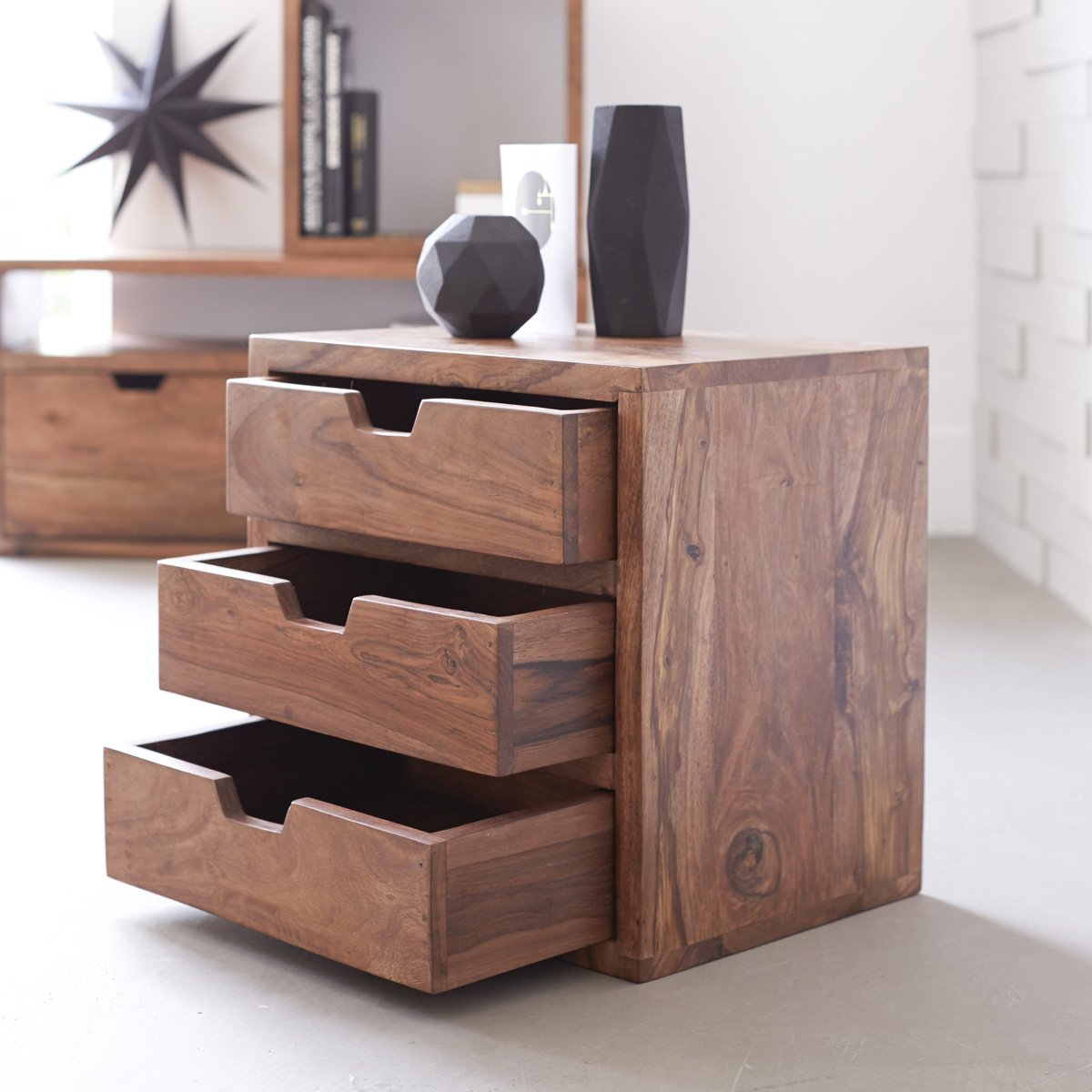 Kwarto Solid sheesham Cube 3 Drawers Sheesham Wood Bedside Table with 3 Drawers Storage
