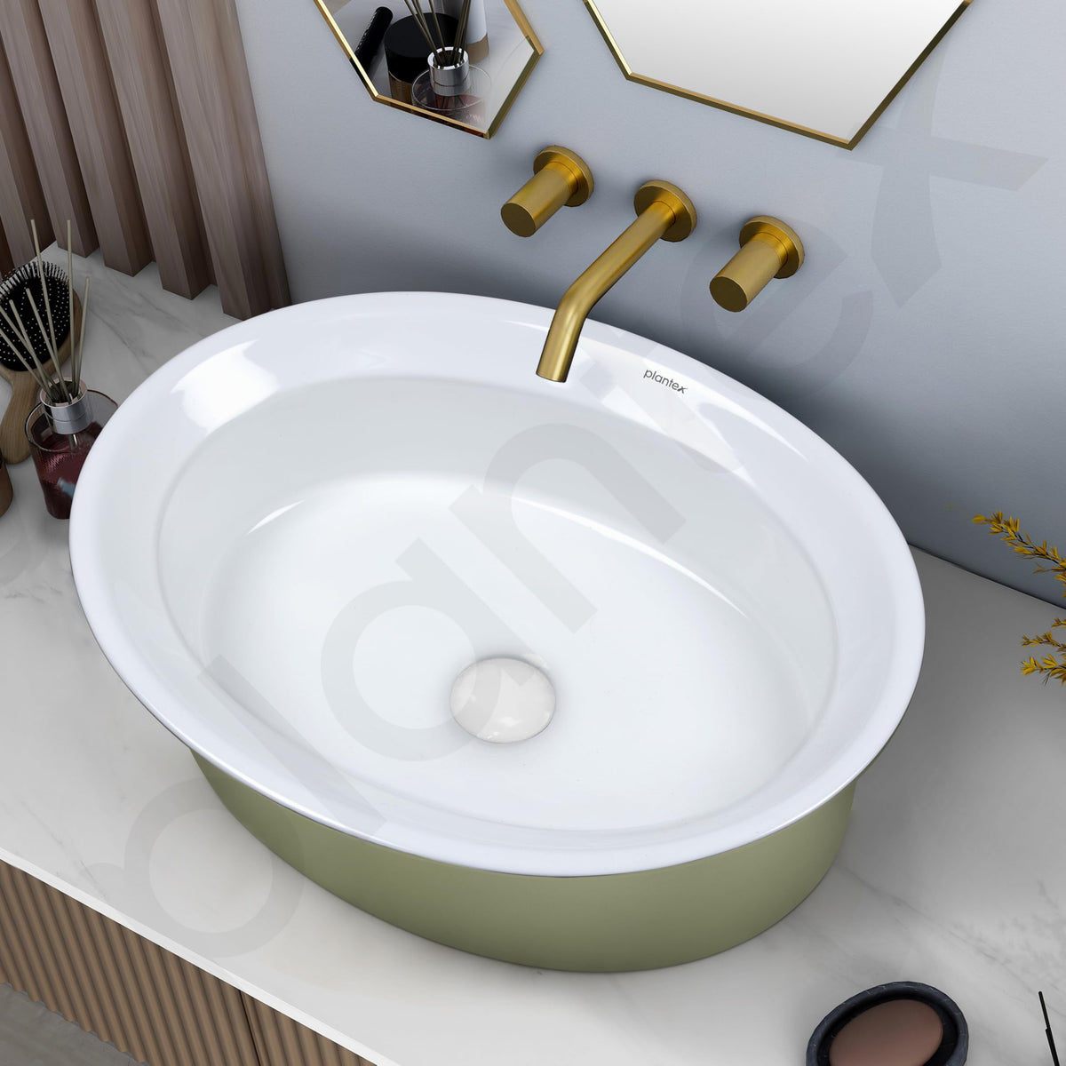 Plantex Ceramic Table Top Washbasin for Bathroom/Countertop Basin/Oval Counter Top Wash Basin for Home/Office/Hotel (21x16x6 Inch - White&Green)-6