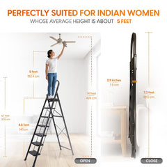 HOUZA Steel Ladder for Home 7 Steps Foldable with Anti-Skid Wide Steps (30cm x 20cm) | 7 Step Ladder for Home Use with D-Shape Rods | Secure Lock | 150 Kg Capacity Folding Ladder | 5 Year Warranty