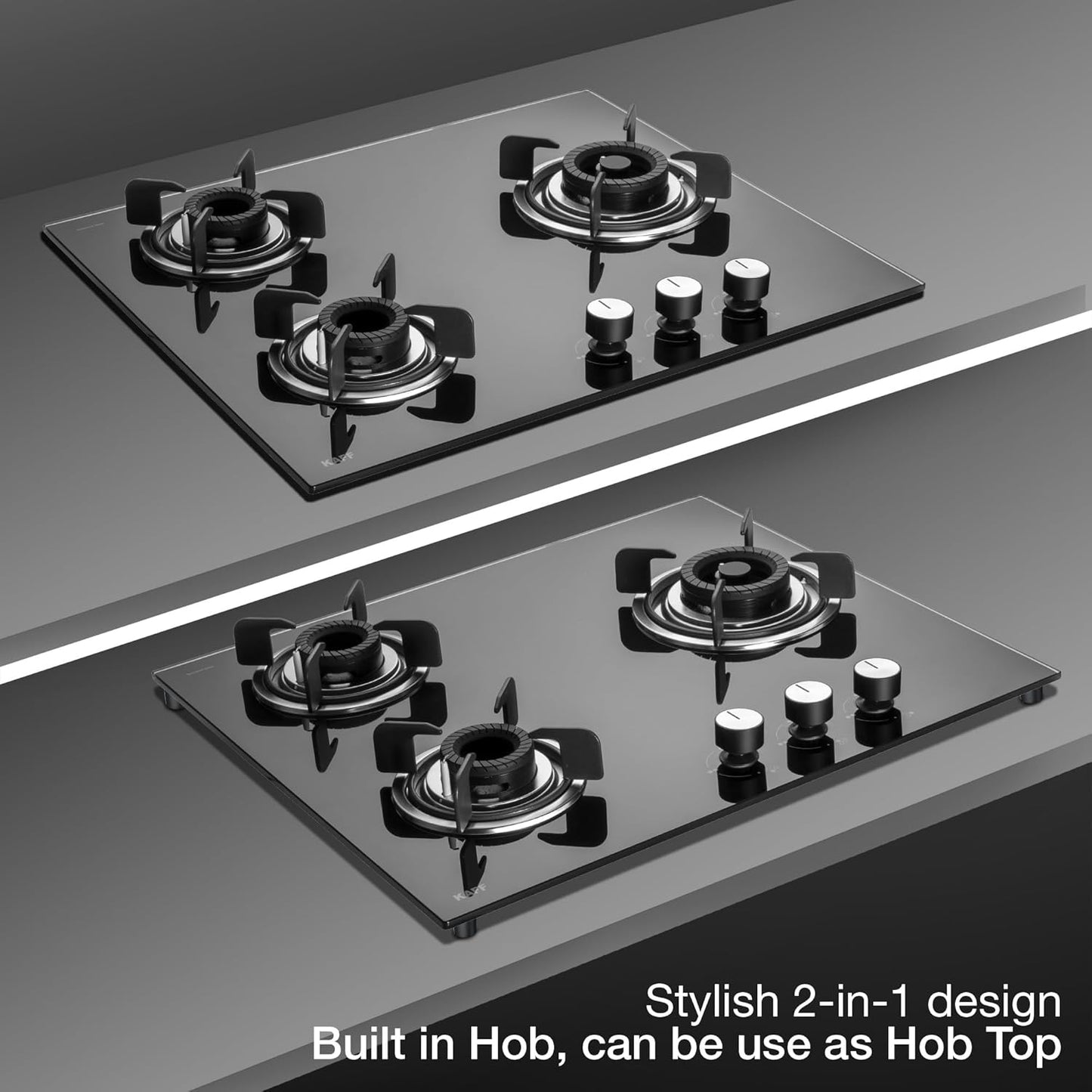 KAFF 3 Burners Built-in Hob/Hobtop For Modular kitchen -8 MM|Auto Electric Ignition Glass Top| Tornado Style Burner, Enamelled Matt Finish, Easy Grip Knobs, Toughened Glass (Black,60CM)