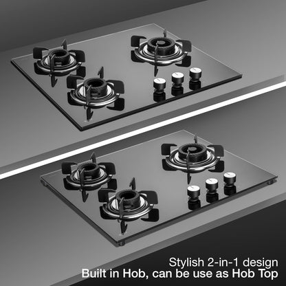 KAFF 3 Burners Built-in Hob/Hobtop For Modular kitchen -8 MM|Auto Electric Ignition Glass Top| Tornado Style Burner, Enamelled Matt Finish, Easy Grip Knobs, Toughened Glass (Black,60CM)
