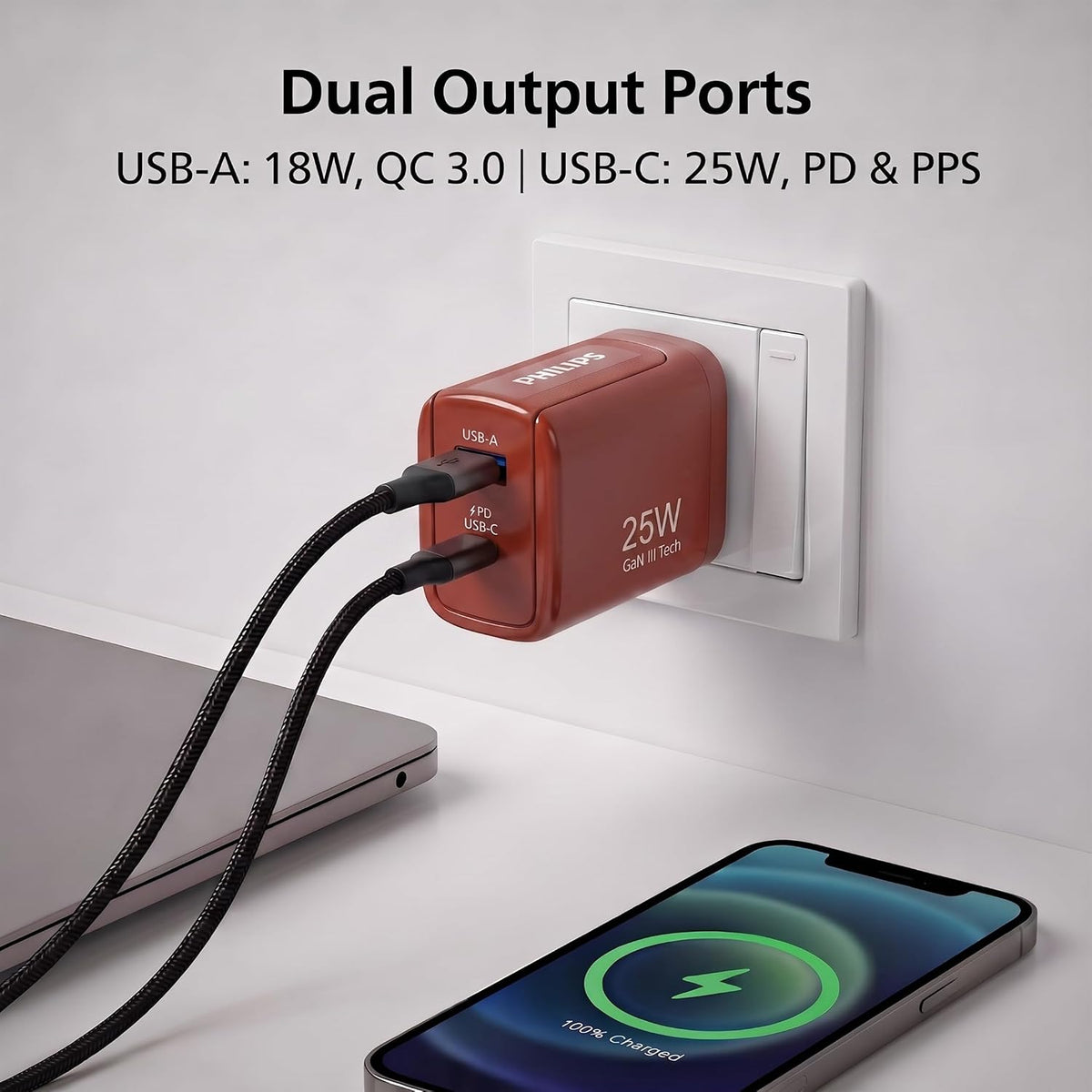 Philips DLP4321NR/94 Gen III Tech 25W Fast Charging Wall Charger (Iron Red)