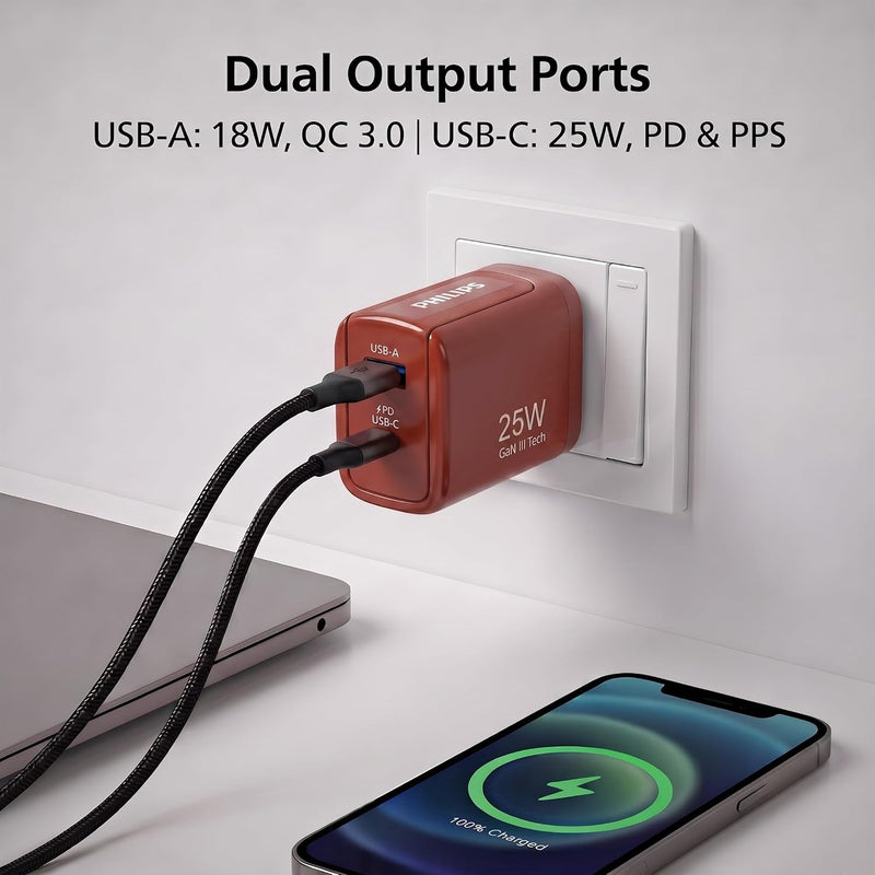 Philips DLP4321NR/94 Gen III Tech 25W Fast Charging Wall Charger (Iron Red)