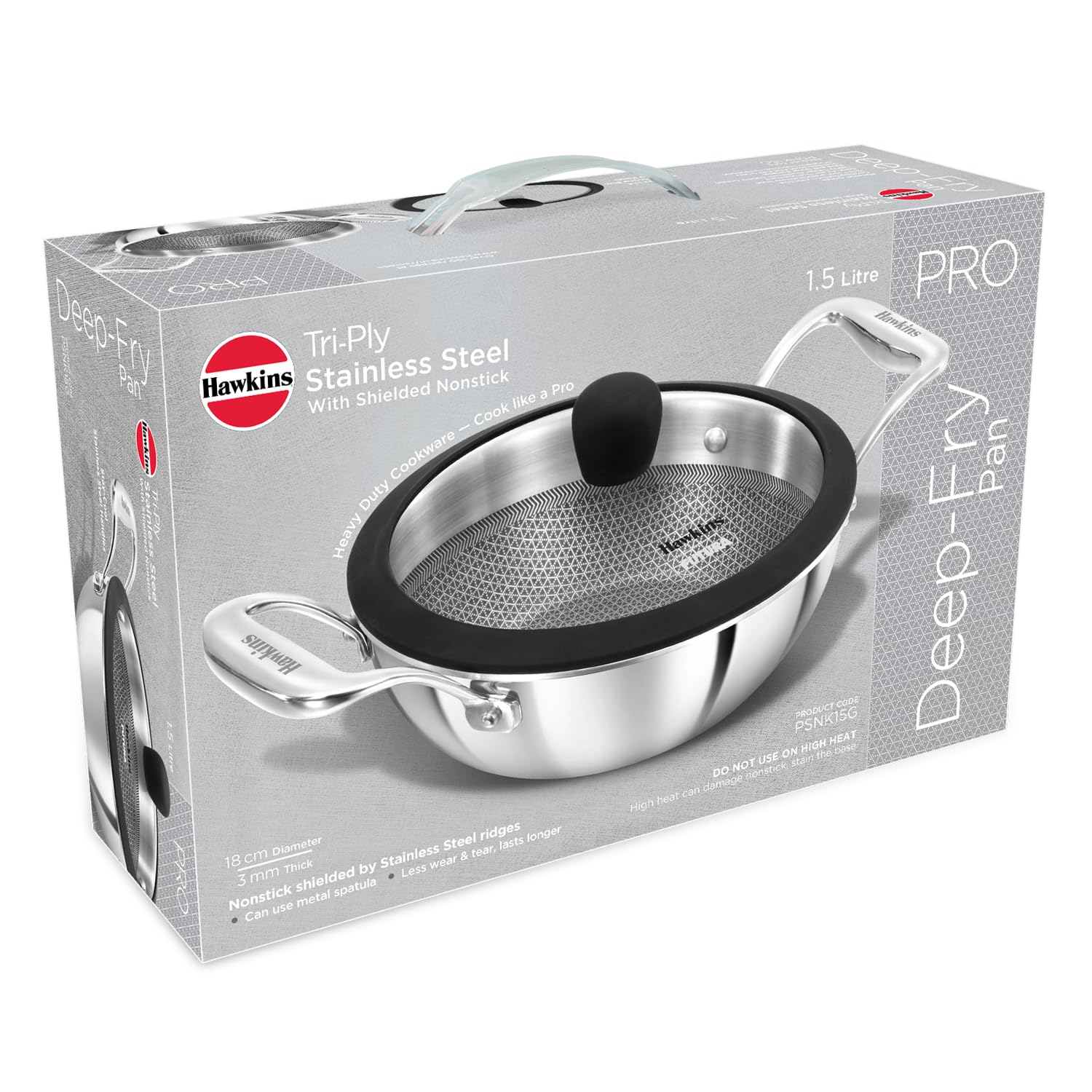 Hawkins Pro 1.5 Litre Shielded Nonstick Triply Deep-Fry Pan, Kadhai with Stainless Steel Handles and Glass Lid, Silver (PSNK15G), 18 cm